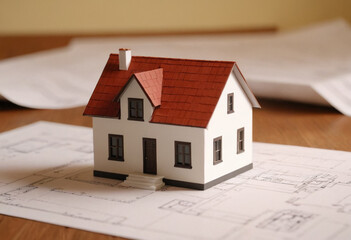 Obraz na płótnie Canvas 3d small house model on architecture floorplan Generative AI
