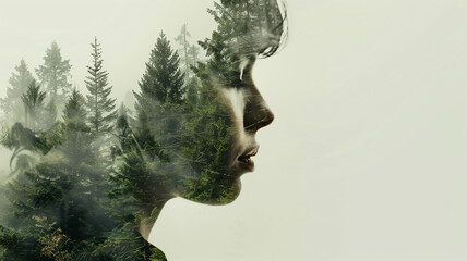 A creative portrait of an attractive woman with a double exposure against a forest background. Profile pose. Unity with nature, surrounding environment, bokeh effect.