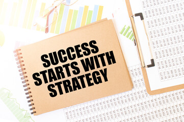 Success starts with strategy quote on a brown notebook with glasses, clip, and numerical data sheets.