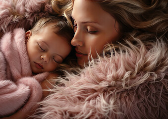 Mother and daughter sleeping together on fur, closeup. Motherhood concept