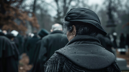 Fototapeta premium An elderly woman goes to the cemetery in a crowd of people sadly. A widow approaches the grave in the cemetery. Muted tones, a shot from the back, bokeh in the background.