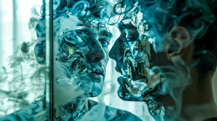 Abstract reflection of man merging with technology