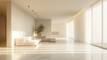 Naklejka na ściany i meble Bright minimalist lobby room with white sofa, large windows, and sunlight.