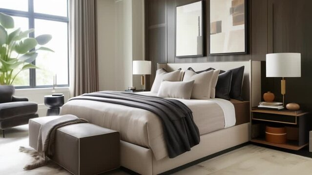 A masterful blend of light and shadow adds depth to the sp yet striking geometry of this modern bedroom. . .