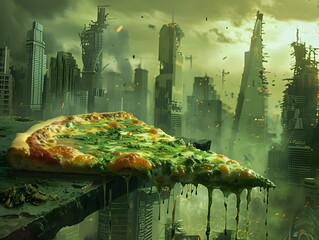 A surreal scene where a giant slice of melting pizza looms over the skyline of a dystopian city, blending the familiar with the uncanny.