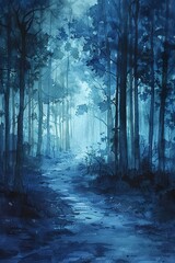 Fototapeta premium Layered cool tones in 4K watercolor, forest scene, serene and intricately depicted