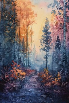 Layered cool tones in 4K watercolor, forest scene, serene and intricately depicted