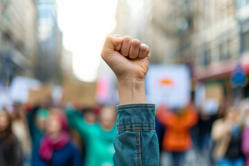 Close up of a fist raised in the air at an outdoor political protest