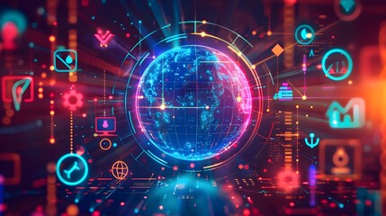 A visual spectacle of digital world connectivity with a glowing global network interface, showcasing data streams and online interactions.