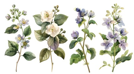 With gentle brushstrokes, delicate flowers are brought to life in this captivating watercolor painting, showcasing the artist's mastery in capturing the essence of nature. - obrazy, fototapety, plakaty