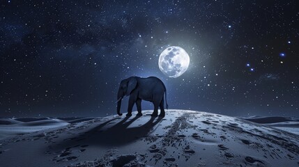 Elephant walking under the full moon in a desert at night