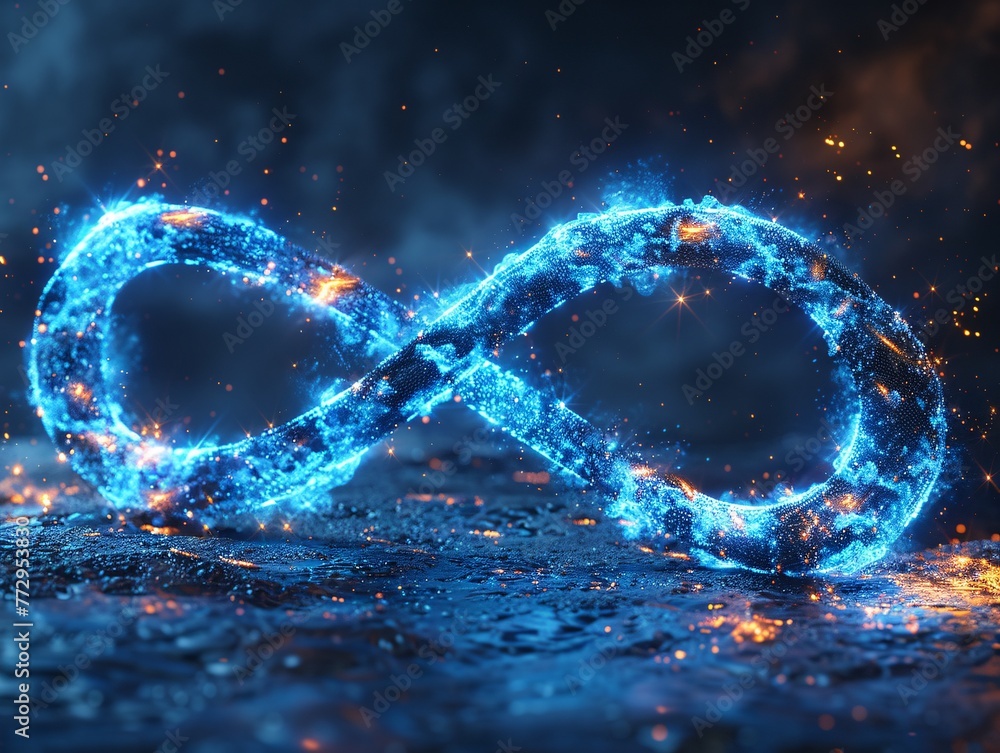 Poster infinity loop a blue and gold swirl of light generative ai