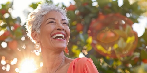 Mature woman in orange, her laughter echoing warmth, silver hair glistening, eyes alight with mirth.