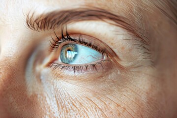 Fototapeta premium Gaze of a mature woman in her 40s, the natural light highlighting the fine lines around her eyes, showcasing aging with elegance.