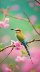 AI creates clear images of Blue-tailed bee-eater, bee-eater, Merops philippinus, birds perched on tree branches. Sakura, cherry blossoms in full bloom Near the waterfall and rocks covered with moss