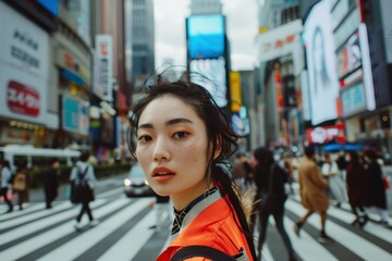 Fototapeta premium Chic Asian model strikes a pose on a bustling city crosswalk, her avant-garde outfit popping against the urban backdrop