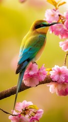 Obraz premium AI creates clear images of Blue-tailed bee-eater, bee-eater, Merops philippinus, birds perched on tree branches. Sakura, cherry blossoms in full bloom Near the waterfall and rocks covered with moss
