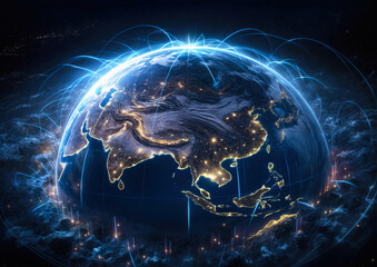 World map on a dark background, glowing lines symbolsizing the connection of countries around the world.