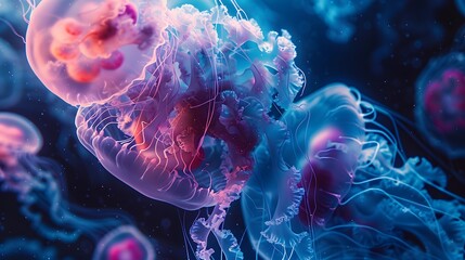 Underwater Wonder: Closeup of Neon Jellyfish in Blue Sea Background.