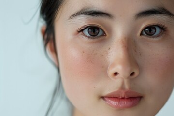 Close-up of a serene Asian young woman with delicate freckles and a gentle gaze, on a soft white background
