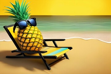 Cartoon illustration of a pineapple wearing sunglass and sitting in beach during summer