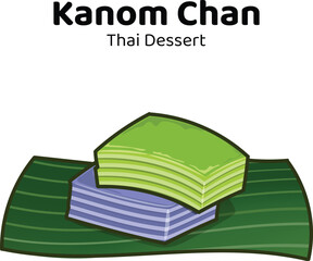 Thai dessert steamed cakes, Asian desserts made from Pandan leaves And flour from rice flour, cassava, coconut milk and sugar. Kanom chan hand drawn cartoon doodle style.