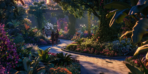 sunrise in the forest, A image of people taking an evening stroll in a botanical garden, surrounded by lush foliage, flowers, and winding pathways