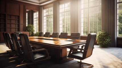 A large conference room with a long wooden table and black chairs