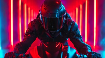 A motorcyclist rides fast in neon lights. - obrazy, fototapety, plakaty