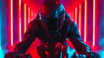 Tuinposter A motorcyclist rides fast in neon lights. © Nikolay
