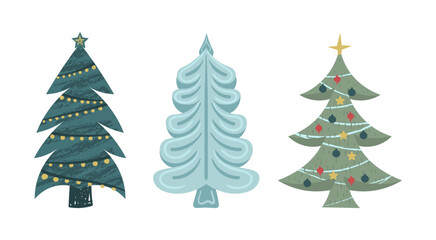 Set of cartoon Christmas trees, pines for greeting card, invitation, banner, web. New Years and xmas traditional symbol tree with garlands, light bulb, star. Winter holiday. Flat design