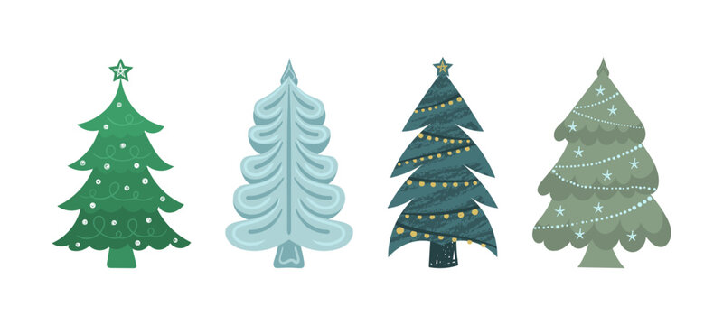 Set of cartoon Christmas trees, pines for greeting card, invitation, banner, web. New Years and xmas traditional symbol tree with garlands, light bulb, star. Winter holiday. Flat design