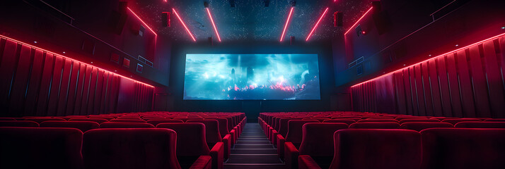 A Captivating View of Empty Cinema House with Bright Screen Display