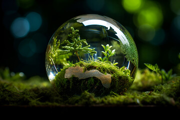 Transparent glass ball with environment, plants, trees. Crystal glowing globe. Consept of save planet and Earth day. AI Generative. AI Generative..
