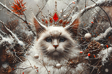Humanized majestic winter queen cat with crown and mantle in middle of winter forest with pine cones and snow. Christmas and New Year.  AI Generative