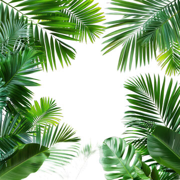 Tropical frame with exotic jungle palm plants, palm leaves, and empty space for text, copy space transparent background. PNG, cutout, or clipping path.