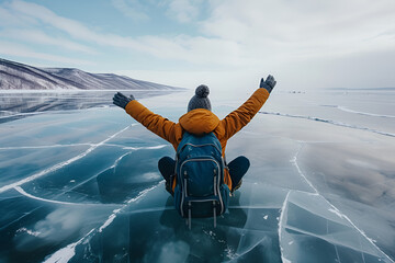 Man in winter hiking clothes with backpack sits on frozen icy lake with his arms spread to side. Tourism, freedom, trips. Generative AI