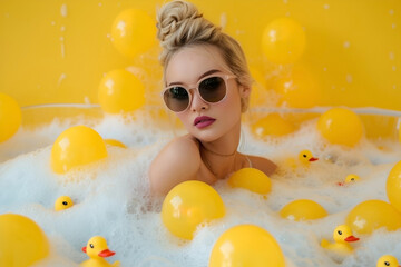Blonde young woman in sunglasses and red lips sits in bathtub with foam among little yellow rubber ducks, fashion shots. Generative AI. For fashion magazine, cover