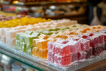 Multi-colored Traditional Turkish Delight (rahat lokum) on the cafe (shop) counter.