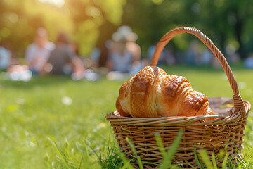 Picnic on park lawn, basket with croissant. Sunny day, group of people in distance. Generative AI. Copy space for text
