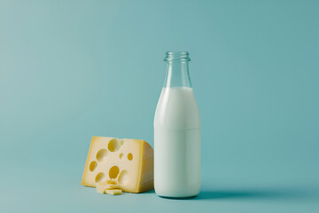 Set of dairy products, milk in glass eco bottle and cheese on blue background. Advertising, copy space for text. Generative AI