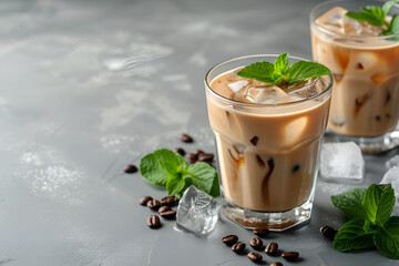 Ice coffee, frappuccino with mint and milk. Big glass of coffee cocktail. Cool refreshment summer drink on dark background in law key. copy space for text. AI Generative.