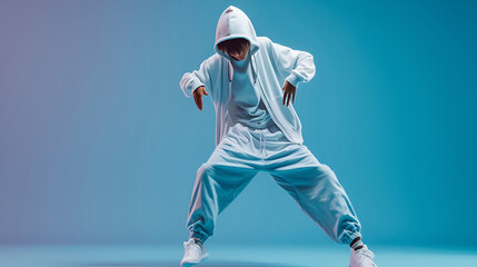 Breakdance dancer in fashionable jacket and pants performs dance move on colorful background. Freestyler. Dancing school. Illustration. AI Generative.