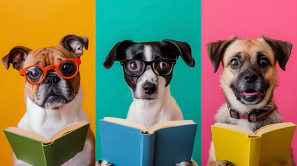 Collage set of funny dogs different breeds with glasses and book on colored background. Generative AI. - obrazy, fototapety, plakaty