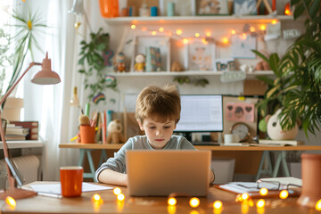 Distance learning, online education. Concentrated preschooler or schoolboy studying at home with laptop and doing homework for development school. Generative AI