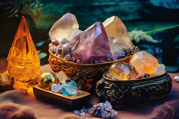 Magic still life with fluorite, quartz crystal, candle and different rocks for mystic ritual, witchcraft Wiccan or spiritual practice. Ritual for love and chakra balance. AI Generative