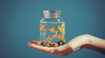 Woman's hand holds small aquarium fishbowl with goldfish on dark background. AI Generative