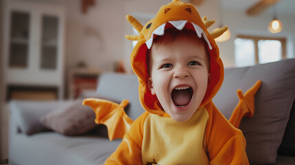 Cute smiling kid todler boy plays in dragon costume growls funny. AI Generative
