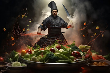 Samurai chef chops, cuts vegetables: tomatoes, cucumbers on kitchen. Flying food on dark background. AI Generative. Advertisement