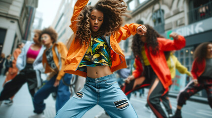 Street dance flash mob. Dark-skinned girl with dreadlocks and jewelry dances in foreground. Street youth dances. Festival holiday. AI Generative.